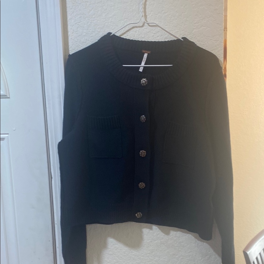 Free People Black Knit Button-Front Cardigan